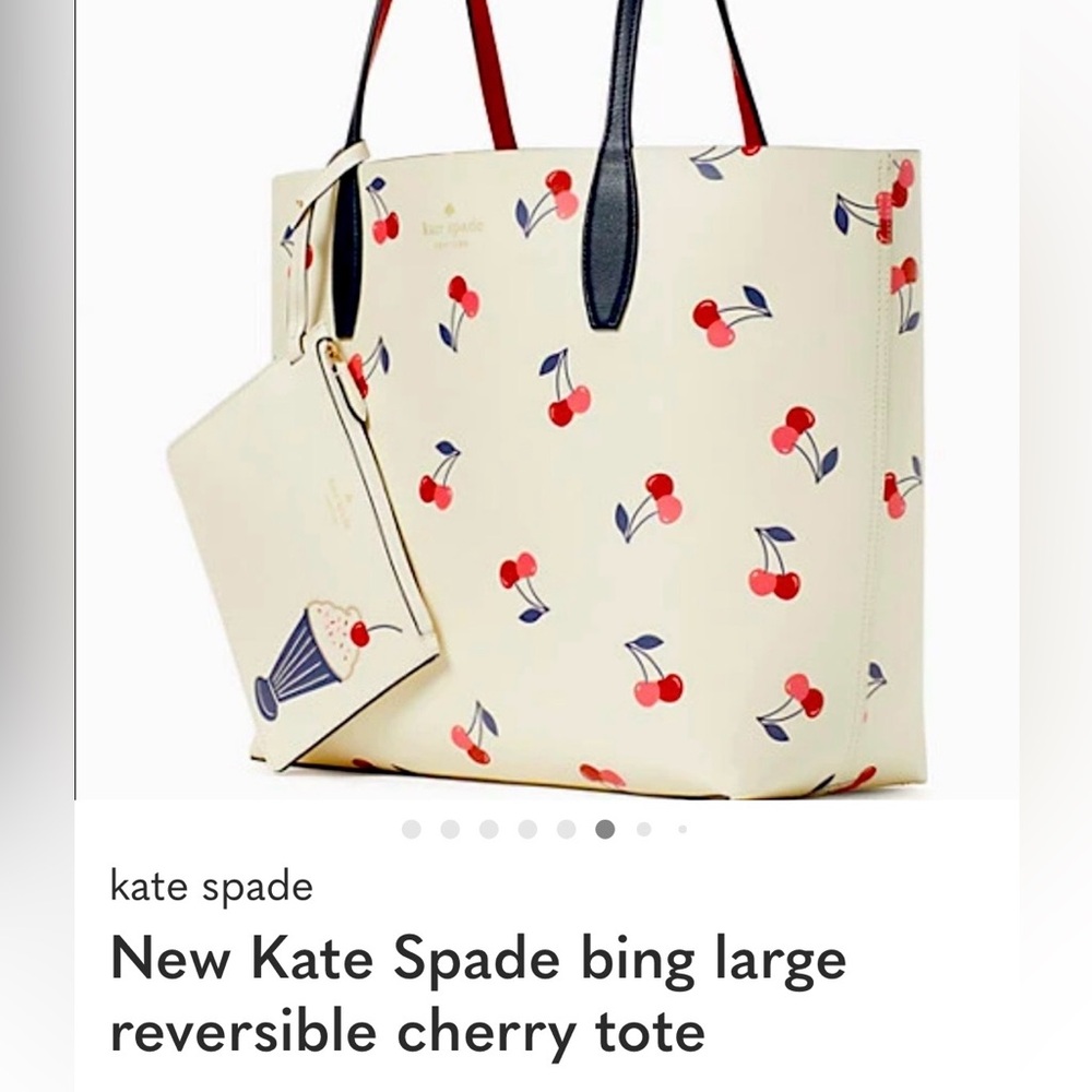 Kate Spade Cream Tote with Cherry Print, Reversible, Ice Cream Sundae Wristlet
